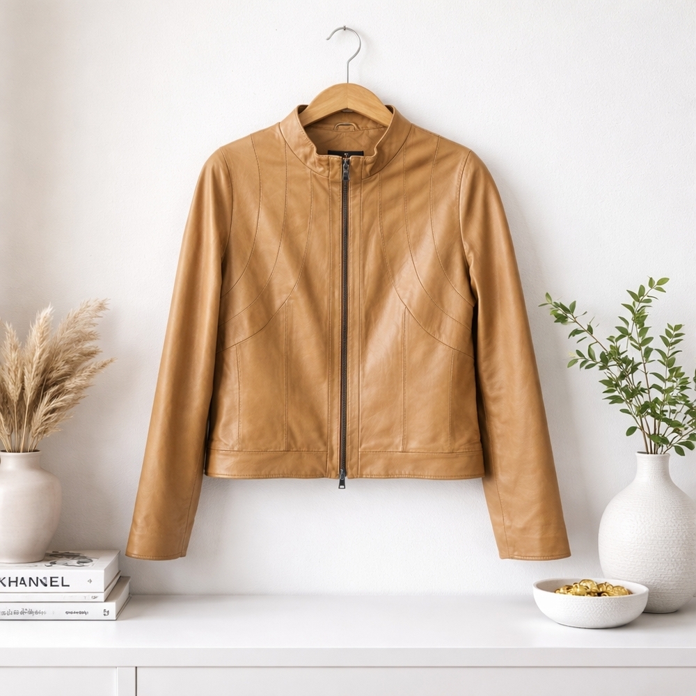 Danier Tan Leather Zip-Front Jacket